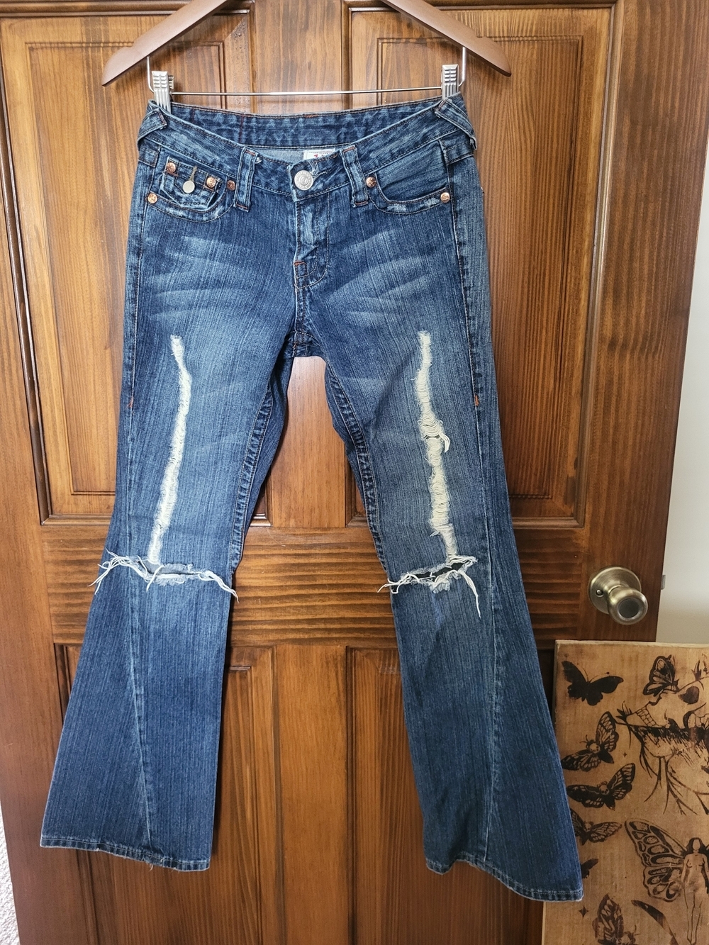 True Religion Dark Blue Distressed Flare Jeans 26x31.5
